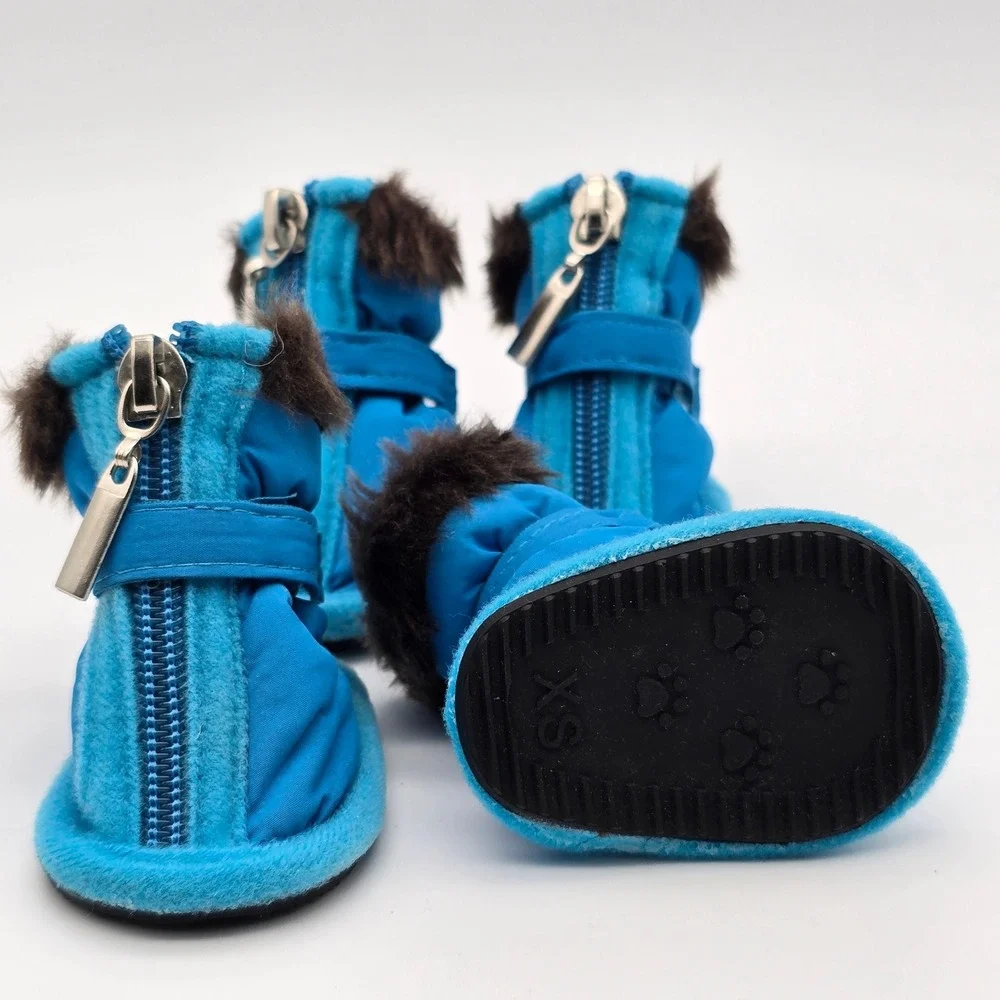 Blue Dog Winter Boots Set of 4 Faux Fur Trim Non-Slip Shoes XS Small Pet Paws